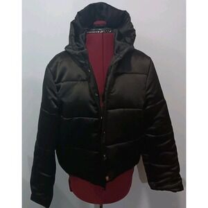 Lauren Ralph Lauren Cropped Black Satin Hooded Puffer Coat Magnetic Closure Sz M